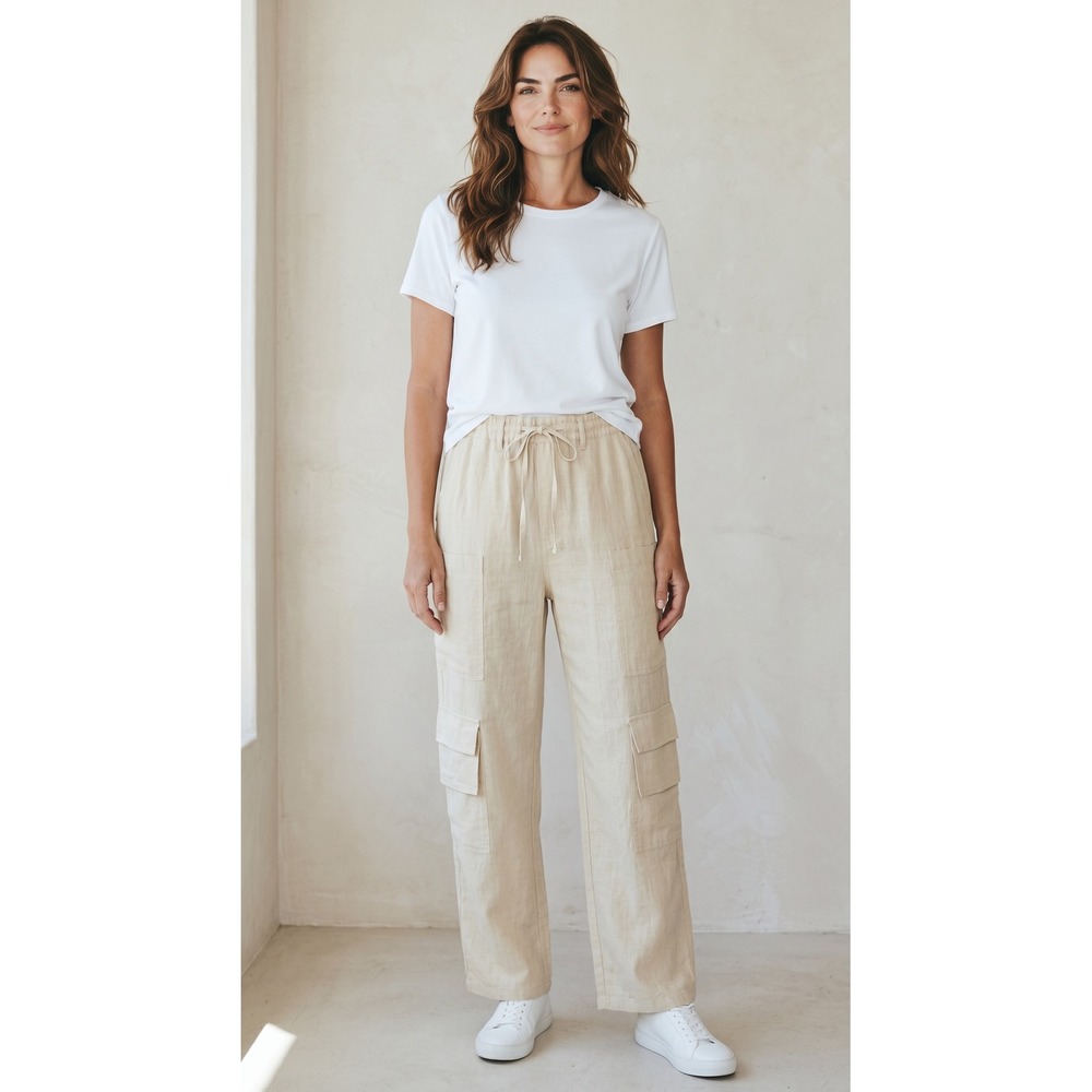 Easel Los Angeles Women Oatmeal Linen Blend Wide Leg Cargo Pants Medium NWT